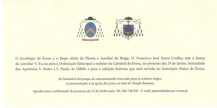 Tekst van de uitnodiging voor het bijwonen van de bisschopswijding in Evora